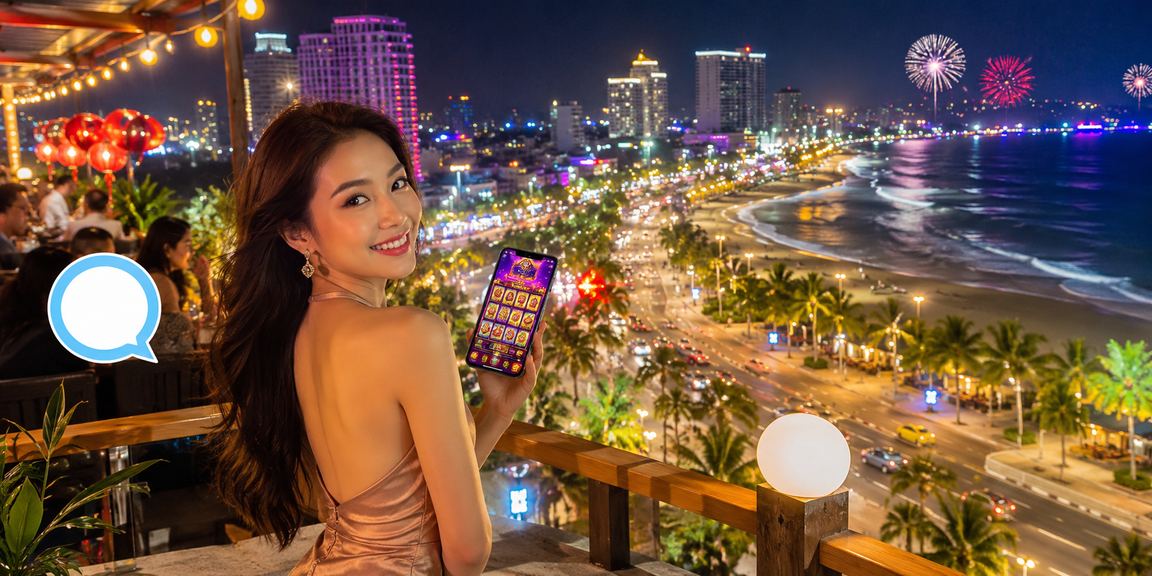 Người chơi thư giãn tại bãi biển Nha Trang với slot game trên điện thoại